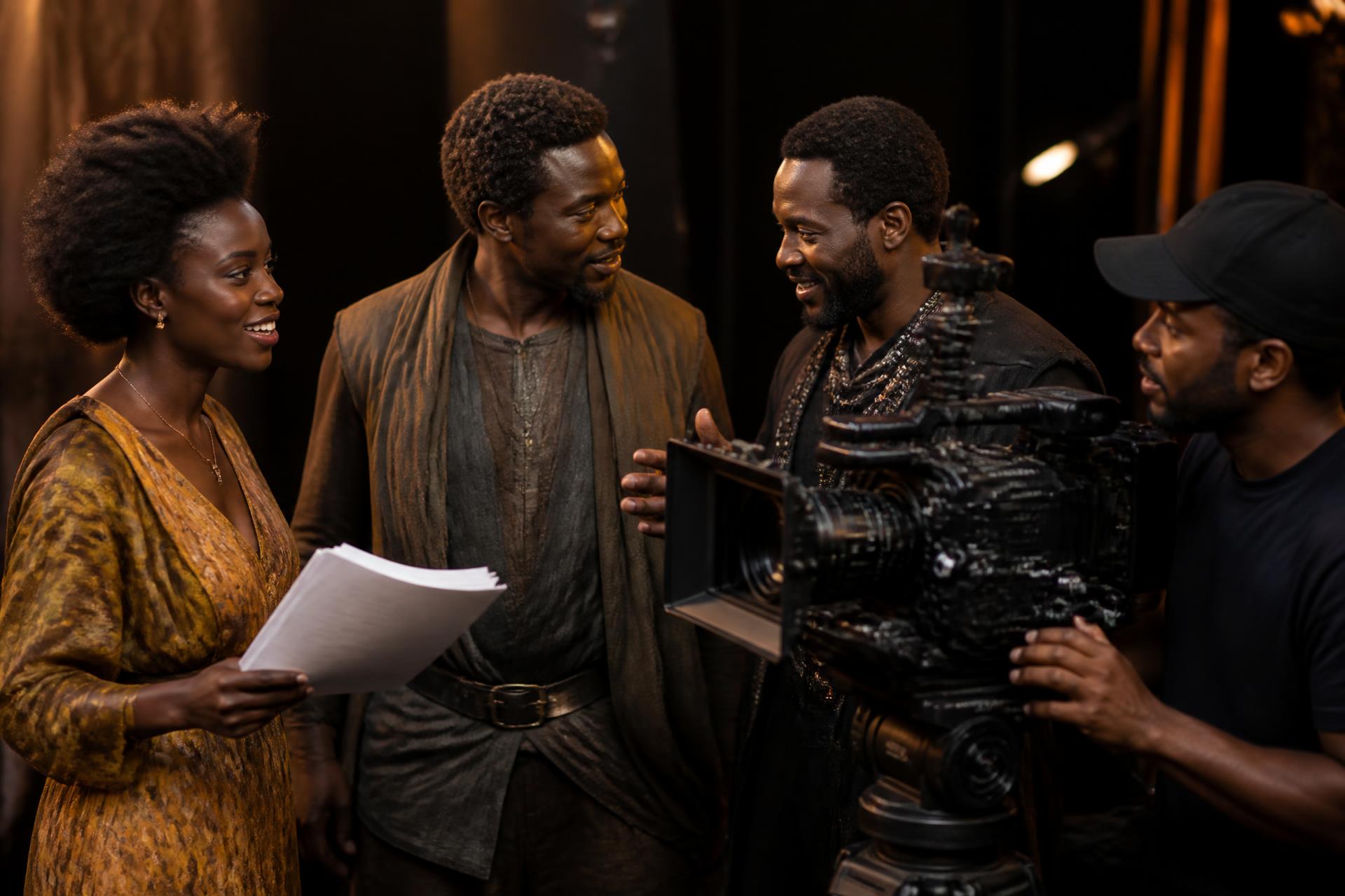 African actors and cinematographer on a film set